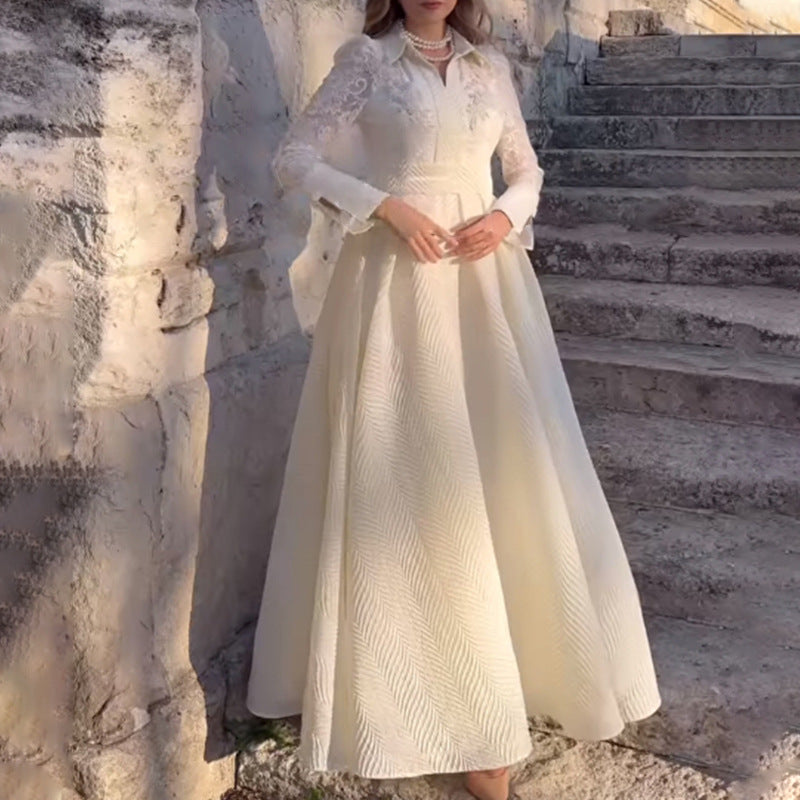 Damen Elegantes Maxikleid mit Spitzenärmeln und Taillengürtel EB