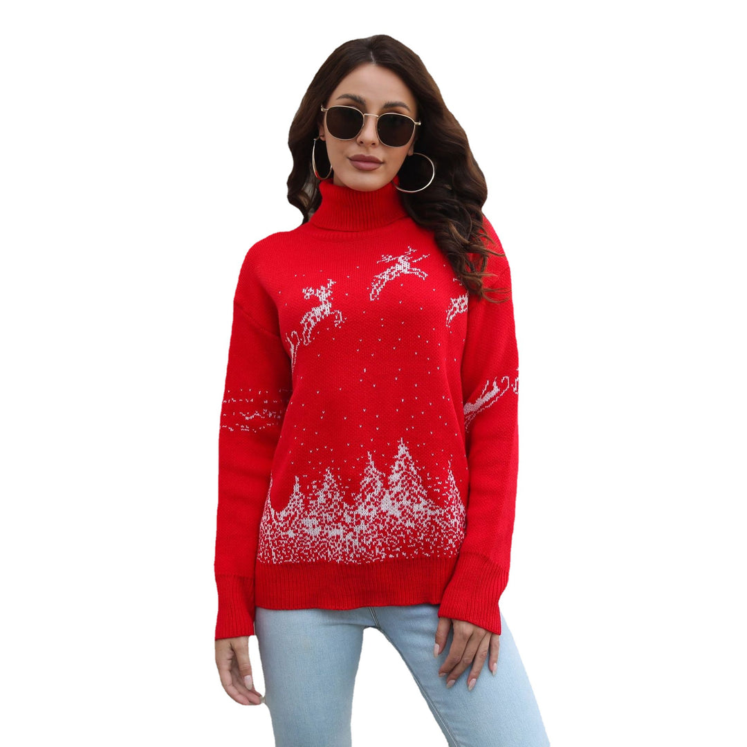 Damen Kuscheliger Weihnachtspullover mit hohem Kragen und festlichem Motiv EB