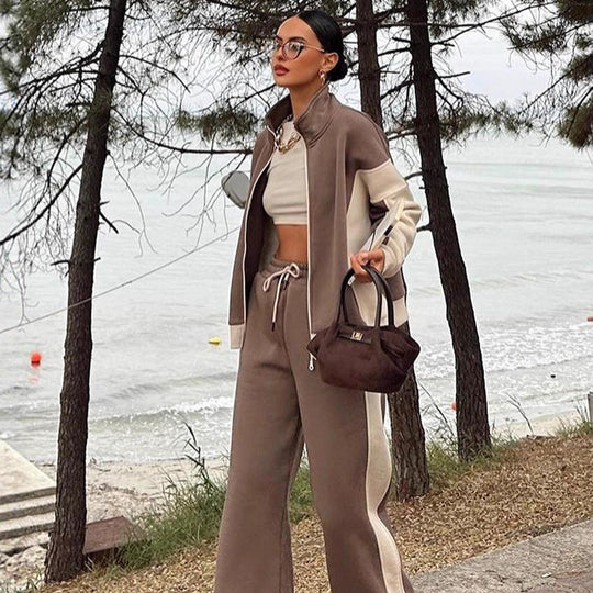 Damen Mehrteiliges Loungewear-Set mit Reißverschlussjacke und weiter Palazzohose EB