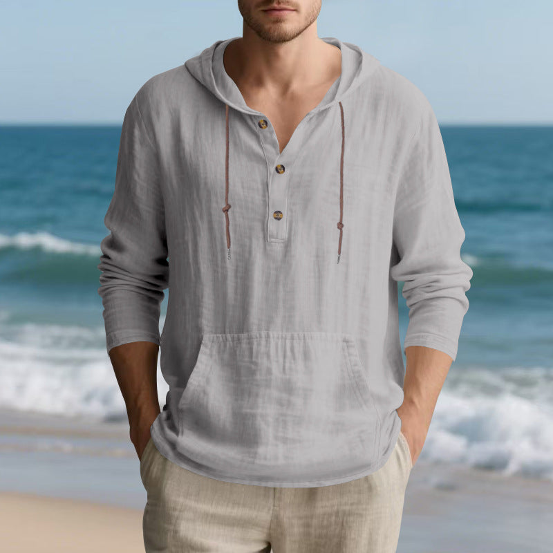 Herren lässiges Kapuzenshirt mit Knopfleiste und praktischer Kängurutasche EB