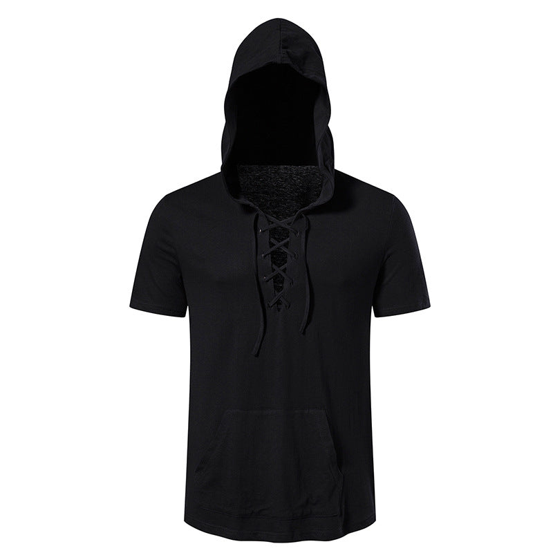 Herren Kurzarm-Hoodie mit lässigem Lacing-Design und praktischer Kängurutasche EB