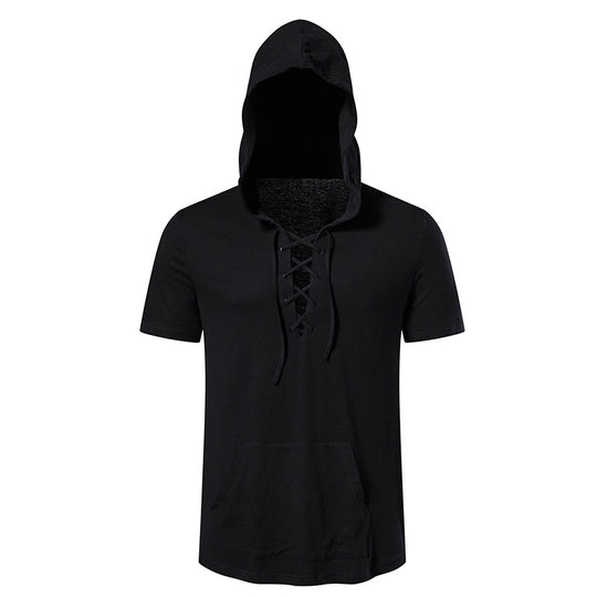 Herren Kurzarm-Hoodie mit lässigem Lacing-Design und praktischer Kängurutasche EB