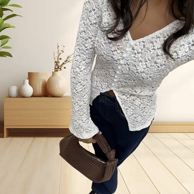 Damen Elegantes Longsleeve-Oberteil mit Lochmuster und Knopfleiste EB