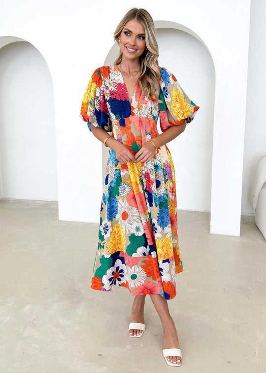 Damen Maxikleid mit buntem floralen Design und lässigen Puffärmeln EB