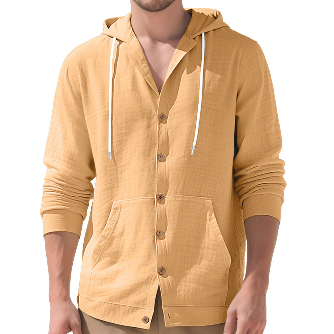 Herren nan leichtes Kapuzen-Übershirt im Crinkle-Look mit Holzknopfleiste und Kängurutasche EB