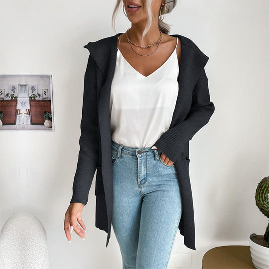 Damen Langärmlige Strickjacke mit Kapuze und seitlichen Taschen EB