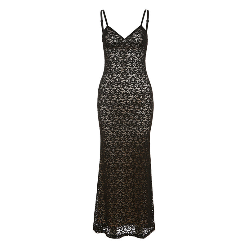 Damen Spitzenkleid mit zarten Spaghettiträgern und fließendem Schnitt EB