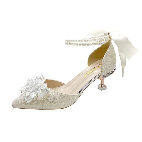 Damen elegante High Heel Pumps mit funkelndem Schmuck und Blumenakzent EB
