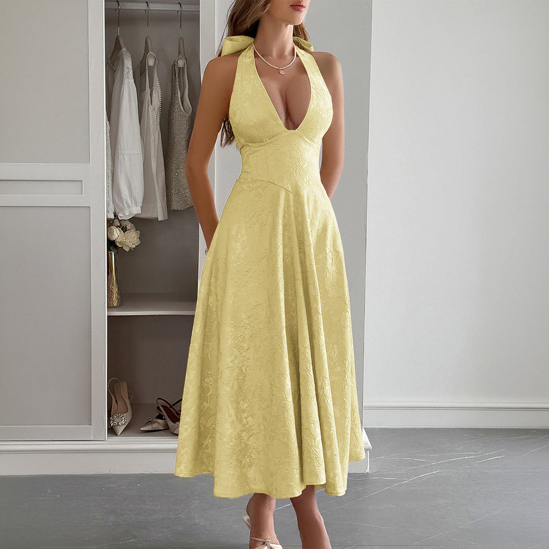 Damen Elegantes Midikleid mit tiefem V-Ausschnitt und fließendem Rock EB