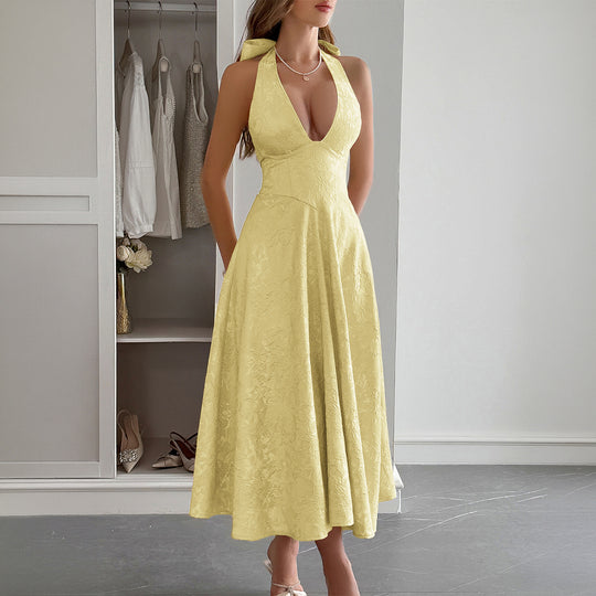 Damen Elegantes Midikleid mit tiefem V-Ausschnitt und fließendem Rock EB