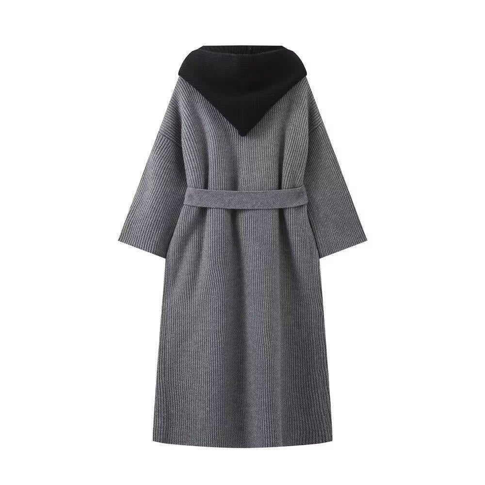 Damen lässiger Longcardigan mit bindbarem Taillengürtel und zweilagigem Kragen EB