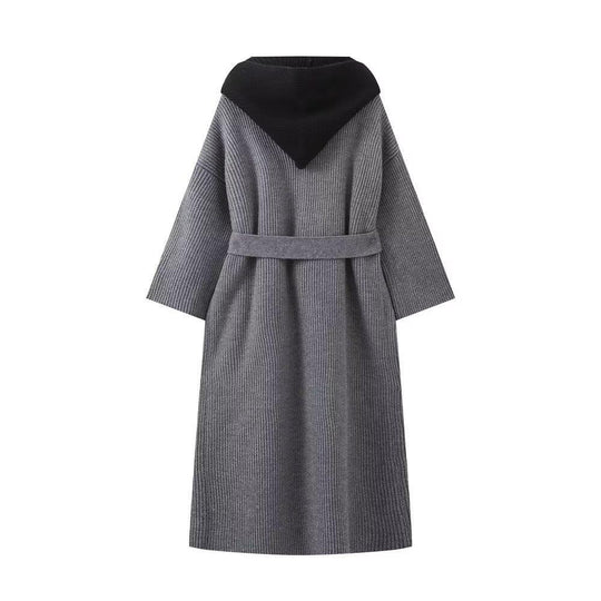 Damen lässiger Longcardigan mit bindbarem Taillengürtel und zweilagigem Kragen EB