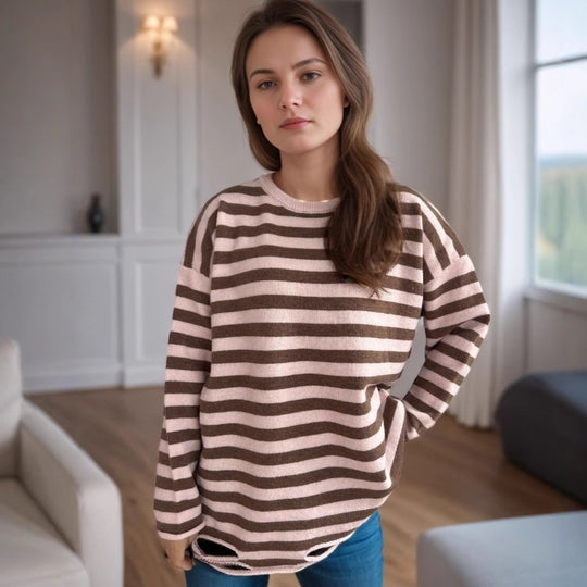 Damen lässiger Oversize-Pullover mit breiten Streifen EB