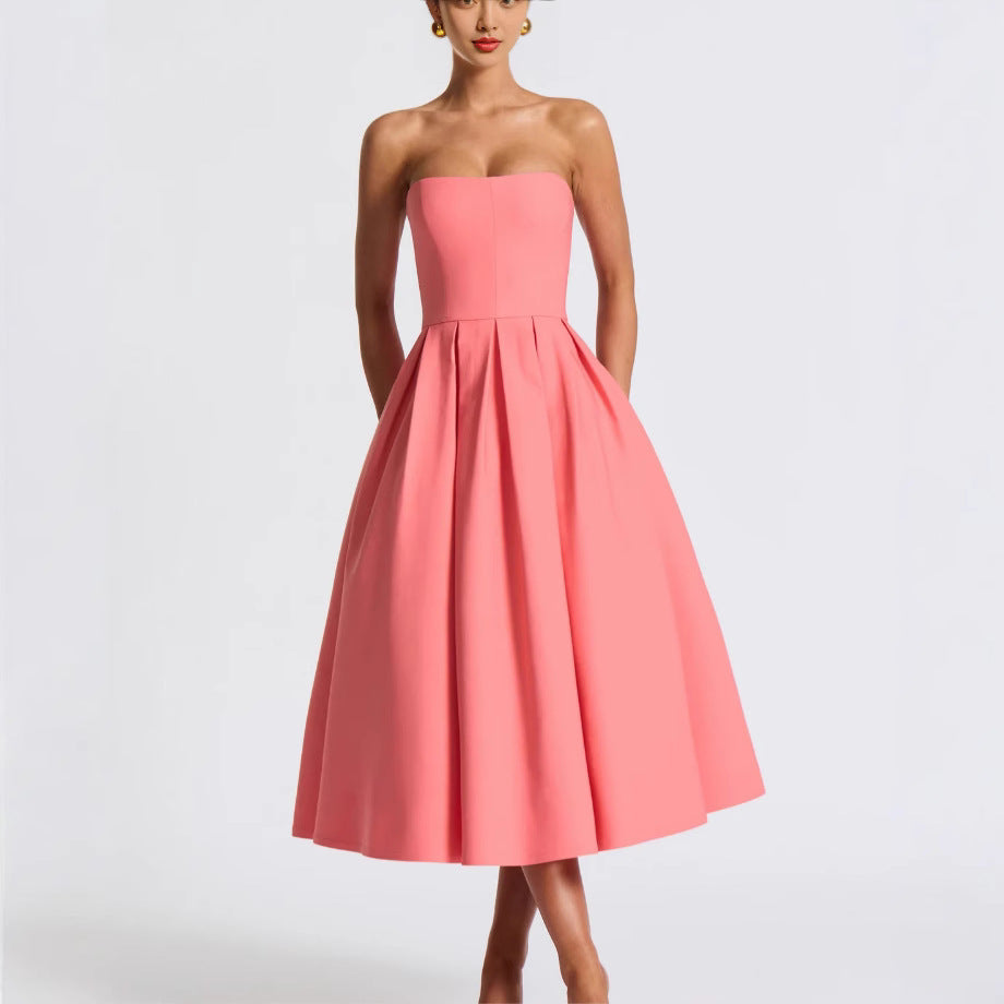 Damen Elegantes Midi-Kleid mit schwingendem Rock und raffiniertem Bandeau-Ausschnitt EB