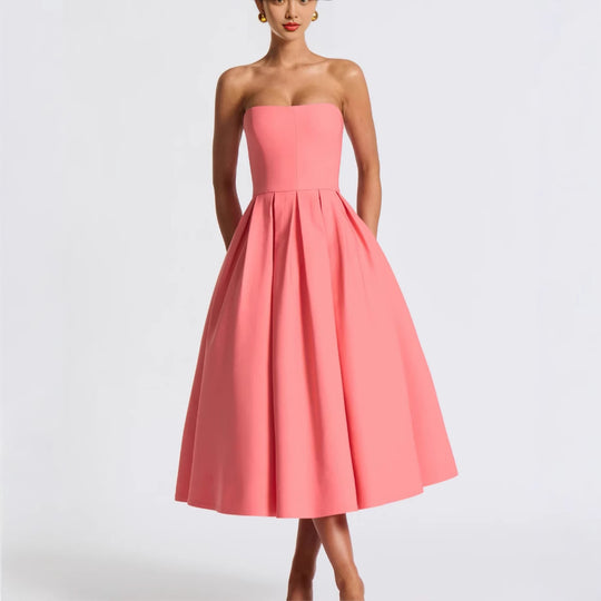 Damen Elegantes Midi-Kleid mit schwingendem Rock und raffiniertem Bandeau-Ausschnitt EB
