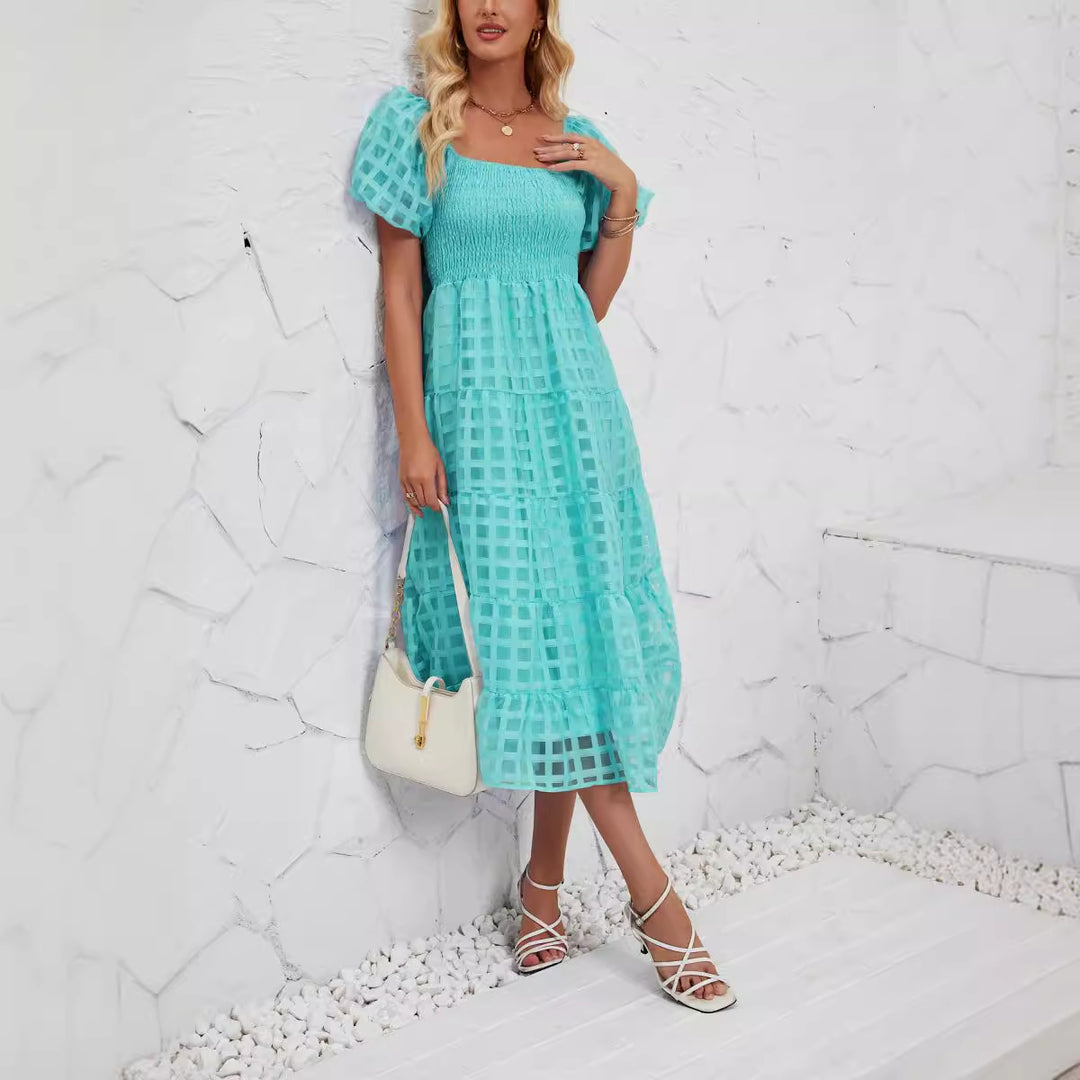 Damen Midi-Kleid mit Puffärmeln und elastischem Taillengürtel EB