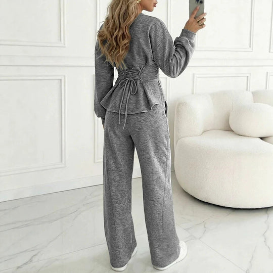 Damen Zweiteiliges Loungewear-Set aus Melange‑Jersey mit weitem Bein und Rundhalsausschnitt EB