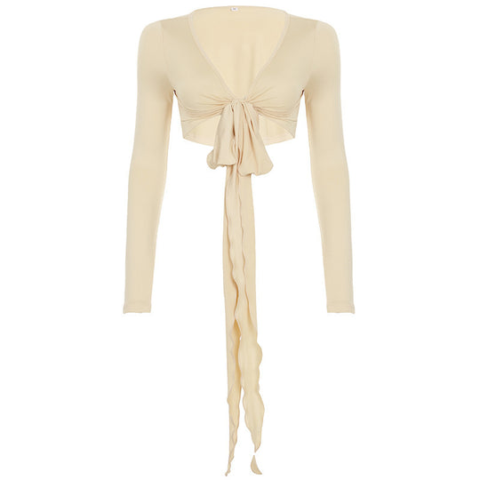 Damen Crop-Top mit verspieltem Bindeband und langen Ärmeln EB