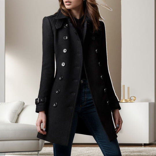 Damen eleganter Trenchcoat mit doppelter Knopfreihe und gewichtetem Kragen EB