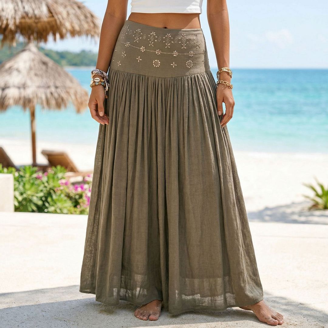 Damen nan maxi-Volantrock mit besticktem Bund und feinen Falten EB