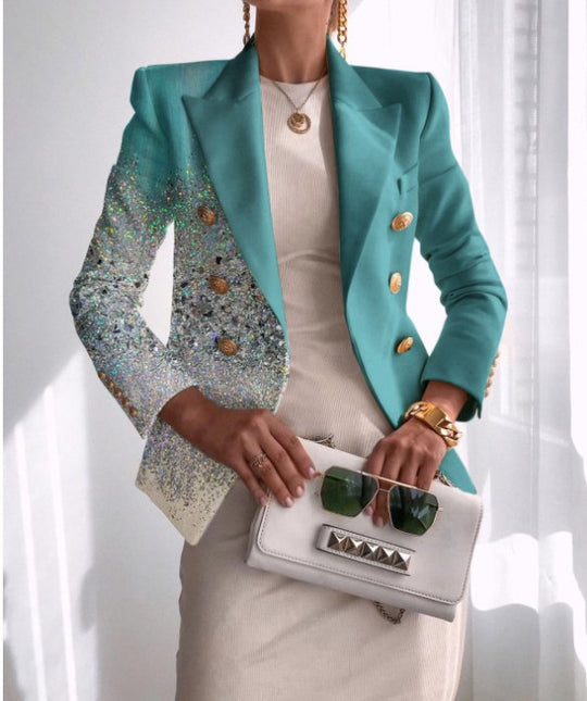 Damen Taillierter Doppelreihiger Blazer mit markanter Schulter, Goldknöpfen und Glitzer-Ombré EB
