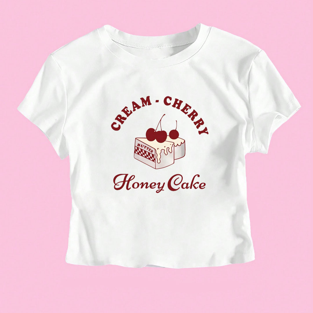 Damen Crop-T-Shirt mit kreativem Dessert-Motiv und modernem Schnitt EB