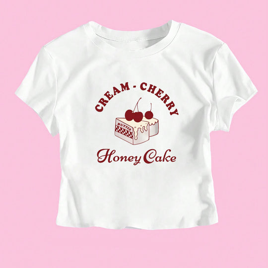Damen Crop-T-Shirt mit kreativem Dessert-Motiv und modernem Schnitt EB
