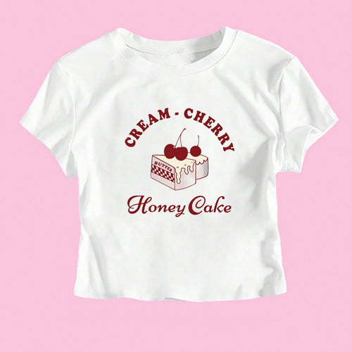 Damen Crop-T-Shirt mit kreativem Dessert-Motiv und modernem Schnitt EB