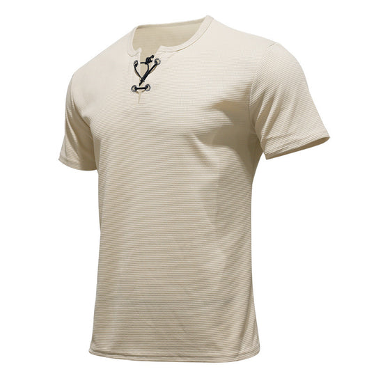 Herren nan Kurzarmshirt mit Schnürkragen, Metallösen und feinem Strukturjersey EB