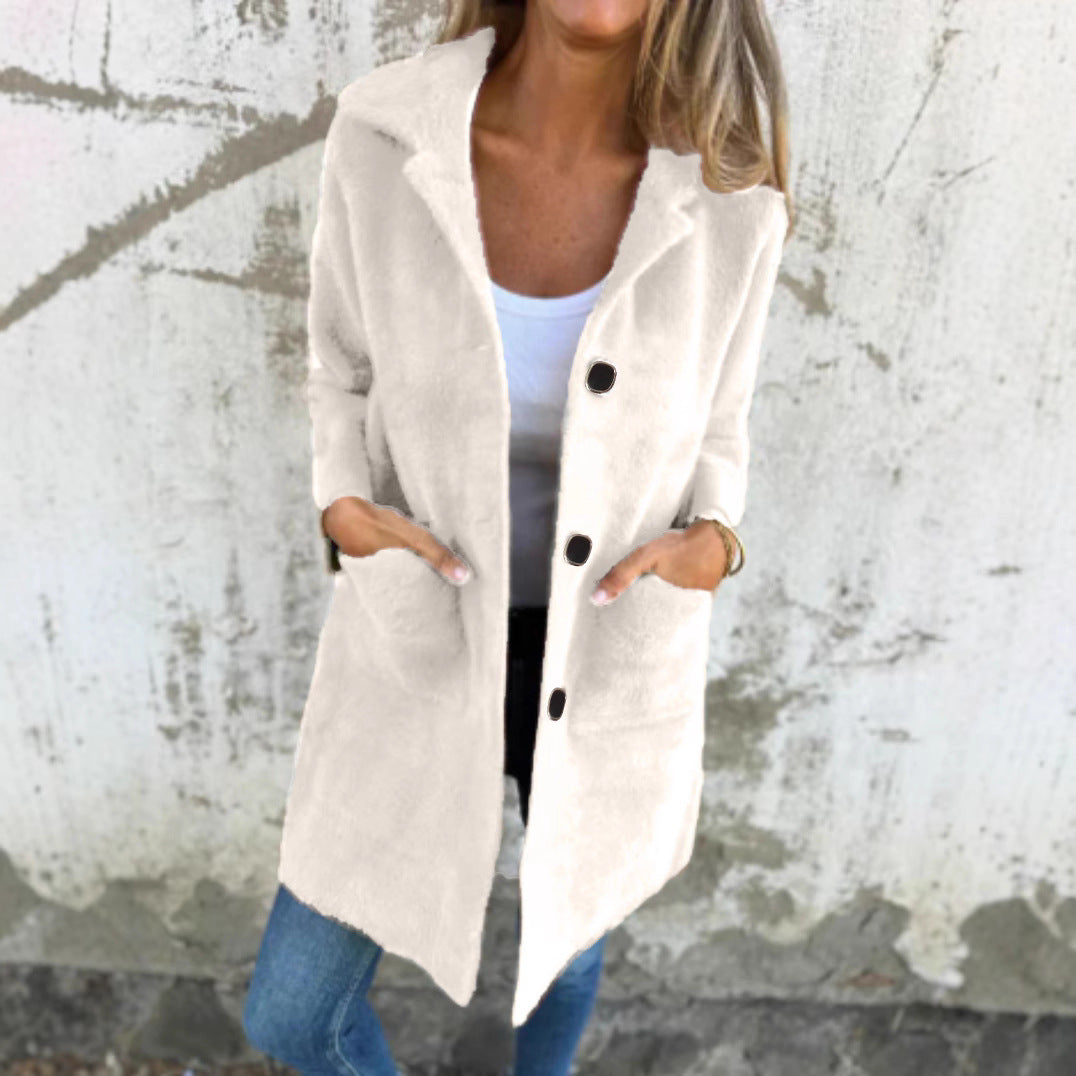 Damen Teddy-Mantel mit Oversize-Kragen, dekorativen Knöpfen und Eingrifftaschen EB