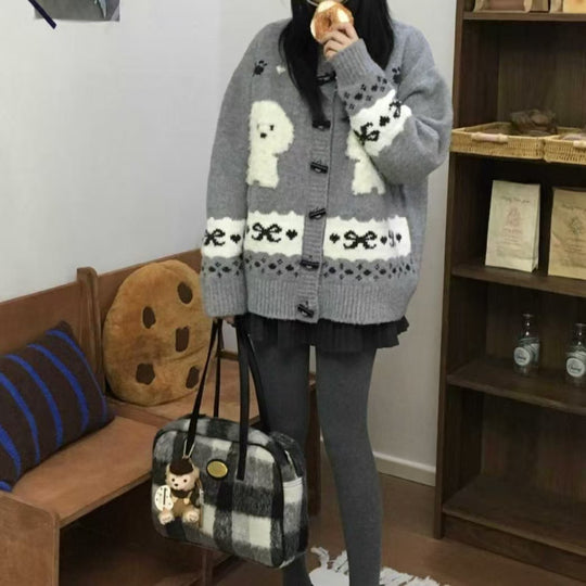 Damen Gemusterte Strickjacke mit tierischem Motiv und Knopfdetails EB