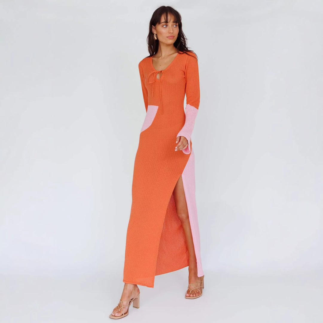 Damen elegantes Strick-Maxikleid mit innovativem Cut-Out-Design und weitem Schlitz EB