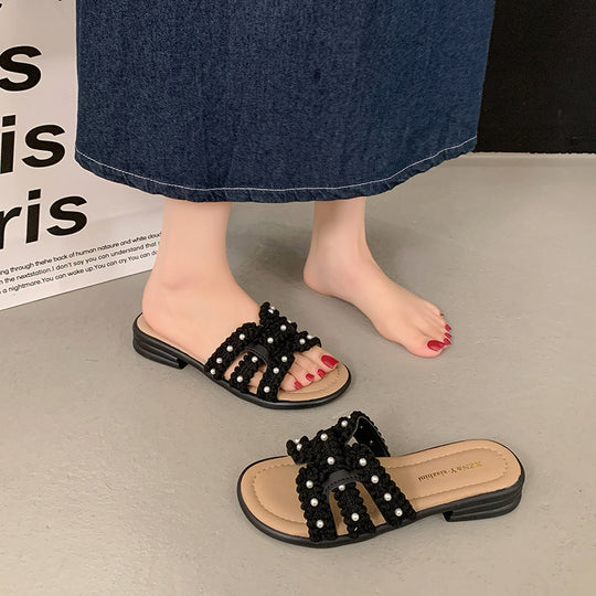 Damen Elegante Slide-Sandalen mit modischen Perlen- und Fransenakzenten EB