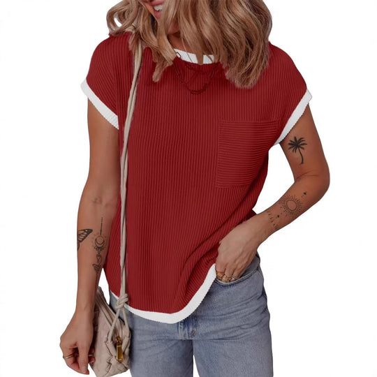 Damen modisches T-Shirt mit strukturiertem Material und Brusttasche EB