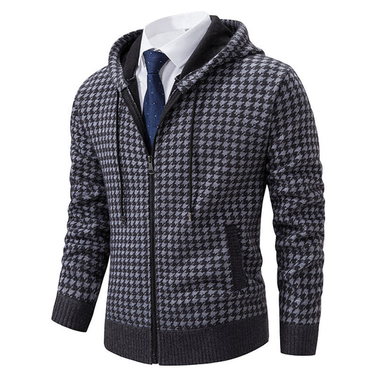 Herren gemütlicher Strickpullover mit modernem Karomuster und Kapuze EB