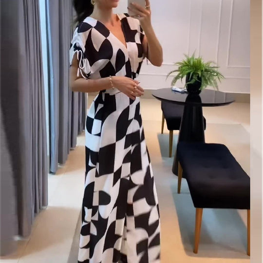 Damen Langes Maxikleid mit grafischem Muster und Raffung EB