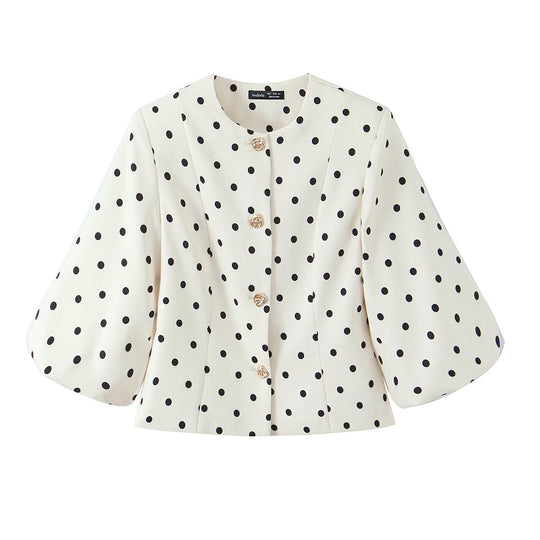 Damenbluse mit voluminösen Ärmeln und Polka-Dot-Muster EB
