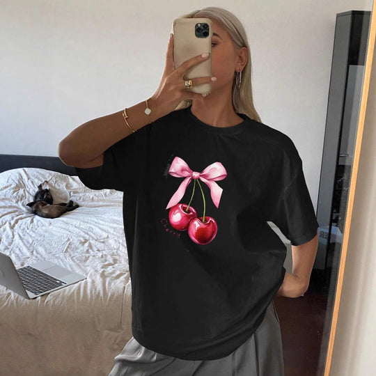 Damen T-Shirt mit fruchtigem Kirschmotiv und verspieltem Schleifendetail EB