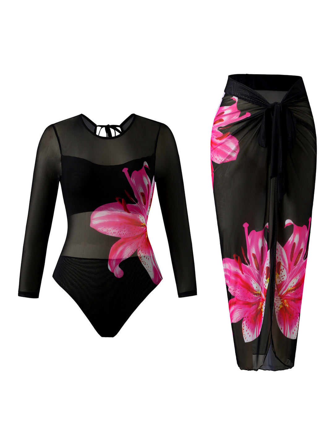 Damen Eleganter Badeanzug mit langem Arm und transparente Wickelrock EB