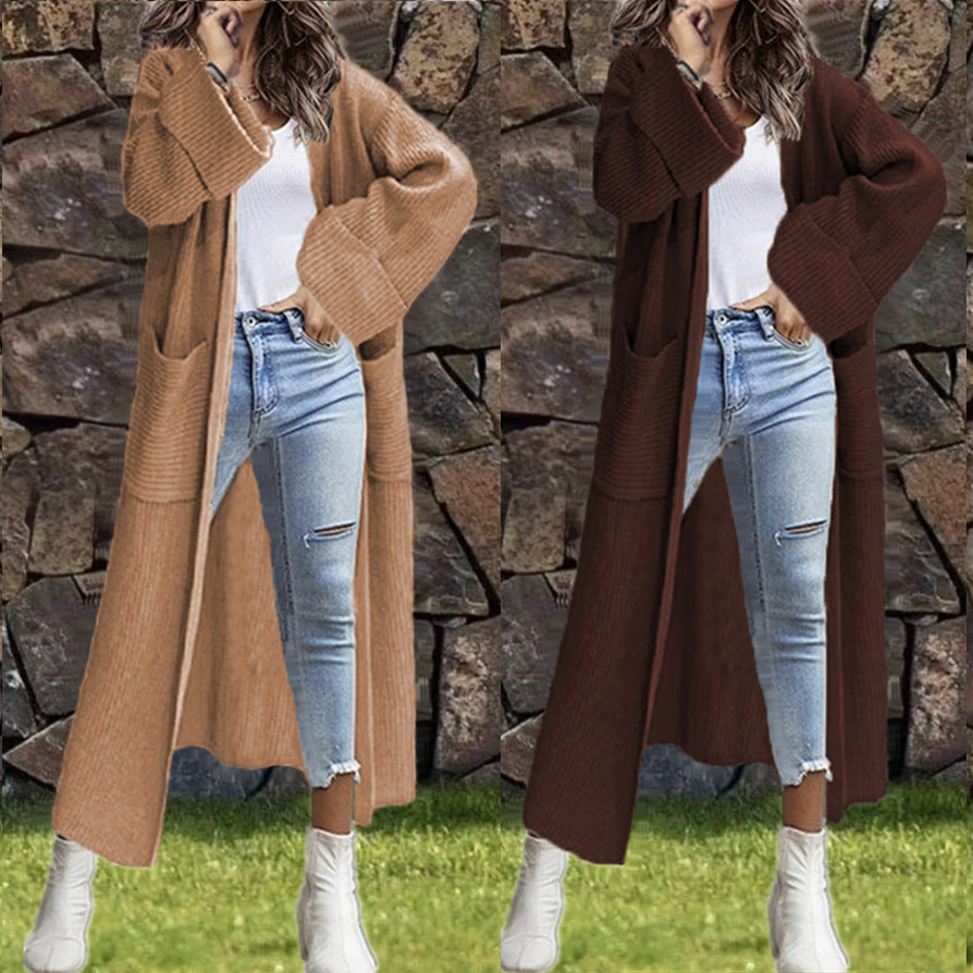 Damen Langer Strickmantel mit modernen Taschen und weichem Material EB
