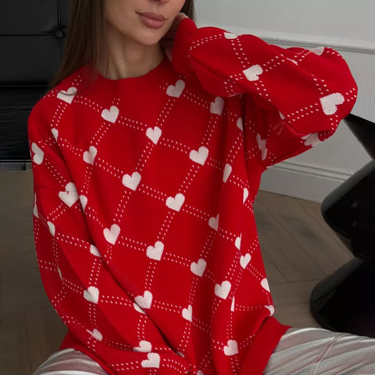 Damen Gemusterter Strickpullover mit Herzmotiv und lässigem Schnitt EB