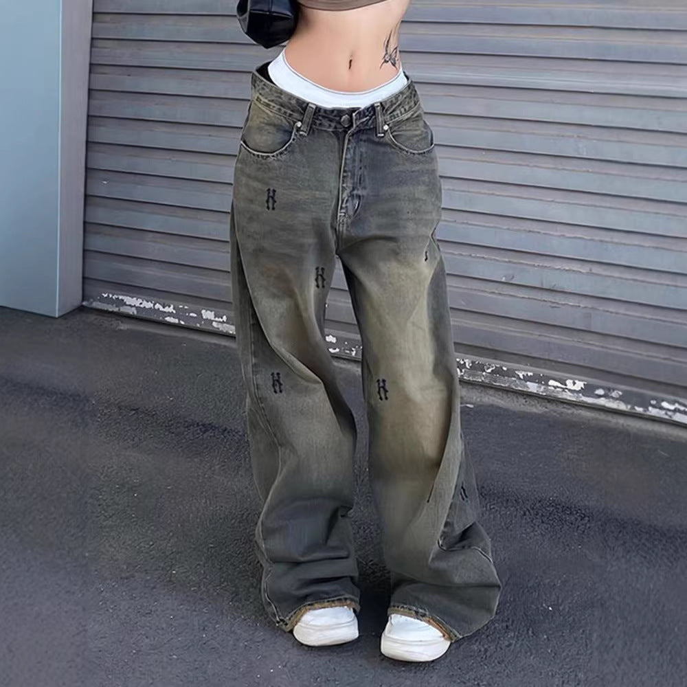 Damen Weiße Stoffhose mit modischen Stickereien EB