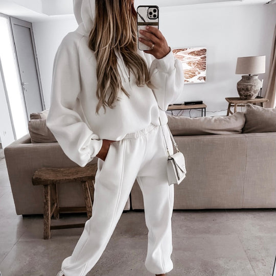 Damen kuscheliges Lounge-Zweiteiler-Set mit oversized Kapuzenpullover, Balloon-Ärmeln und taillierter Jogginghose EB
