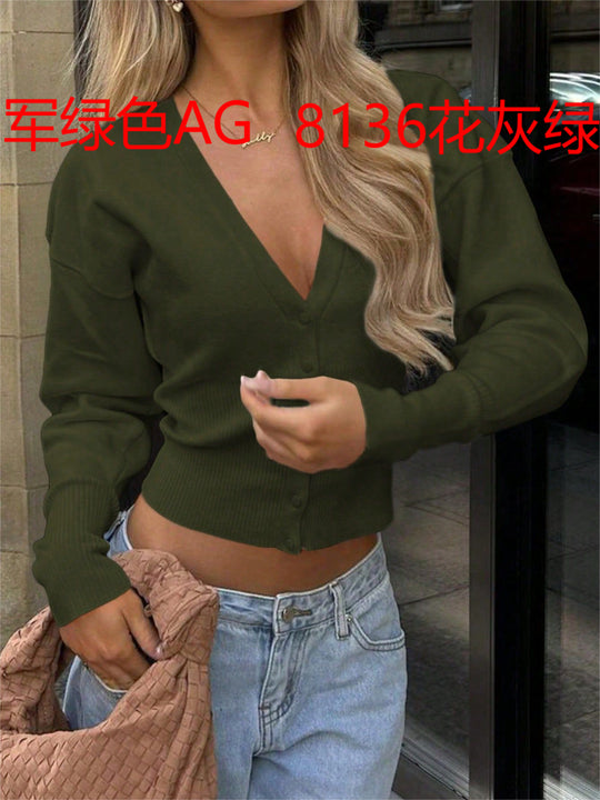 Damen nan taillierte Cropped-Strickjacke mit tiefem V-Ausschnitt, geripptem Bund und durchgehender Knopfleiste EB