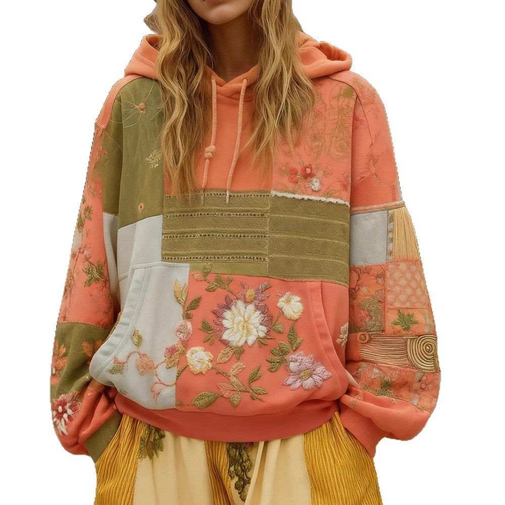 Damen Bestickter Patchwork-Kapuzenpullover mit Blumenapplikation und Kängurutasche EB