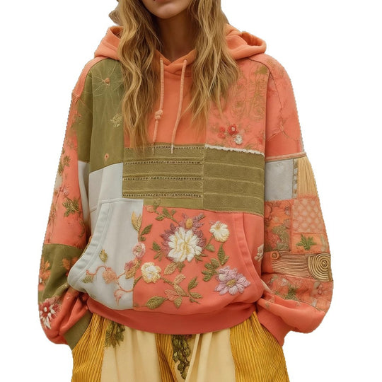Damen Bestickter Patchwork-Kapuzenpullover mit Blumenapplikation und Kängurutasche EB