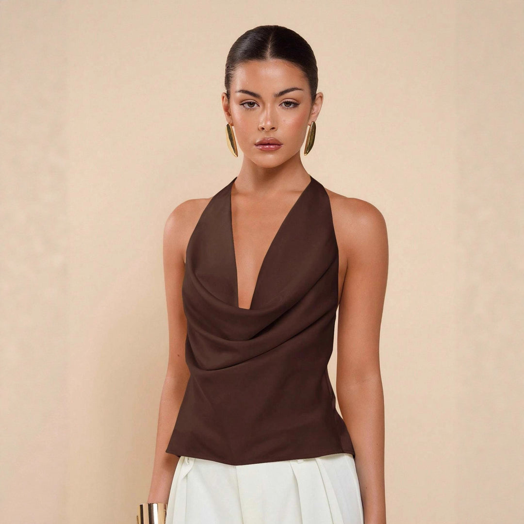 Damen Elegantes Wickeloberteil mit tiefem V-Ausschnitt und fließendem Stoff EB