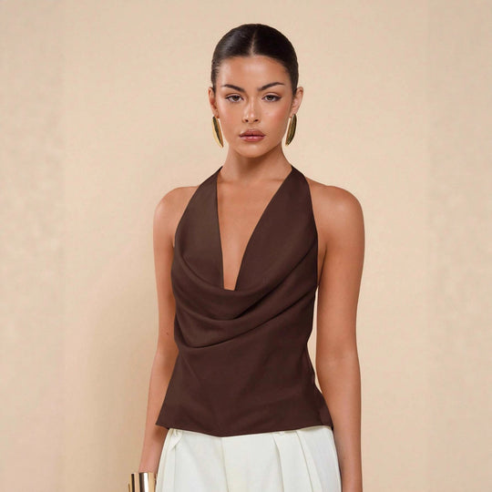 Damen Elegantes Wickeloberteil mit tiefem V-Ausschnitt und fließendem Stoff EB