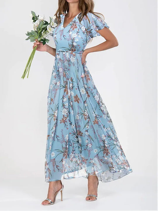 Damen Maxikleid mit floralem Chiffon-Stoff und transparenten Ärmeln EB