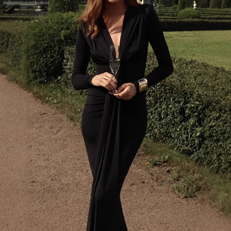 Damen Elegantes Langarm-Maxi-Kleid mit raffiniertem Knoten-Detail und figurformendem Design EB